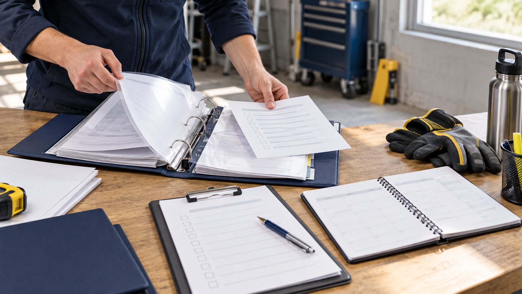 Des check-lists, modèles et outils de suivi organisés sur un établi