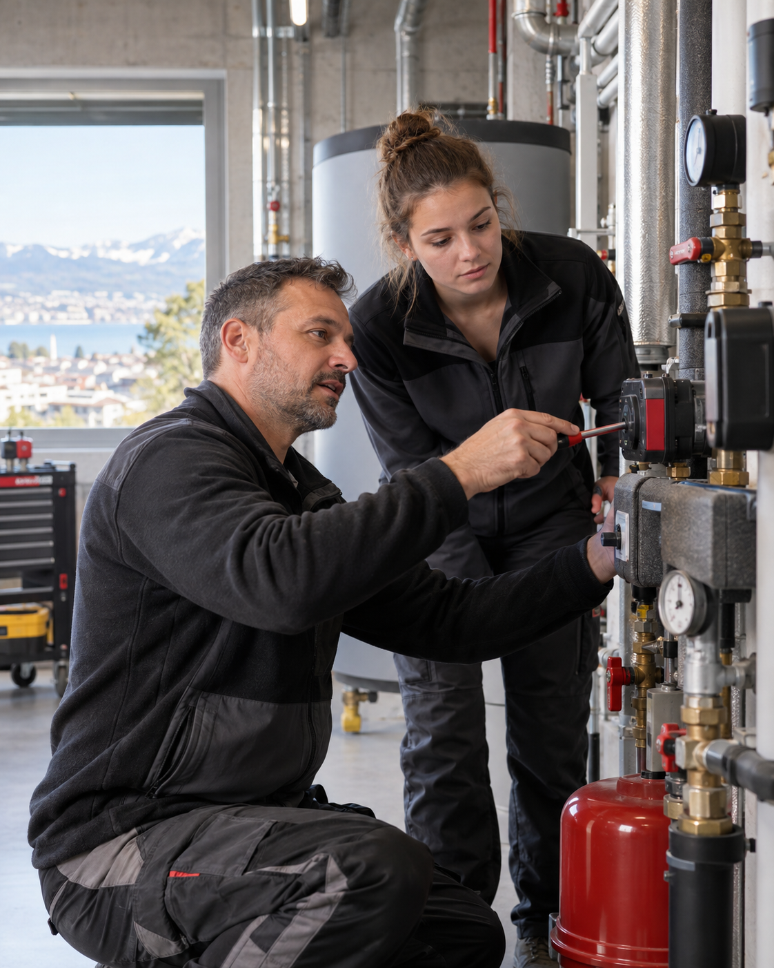 Un formateur montre un équipement technique à une apprentie