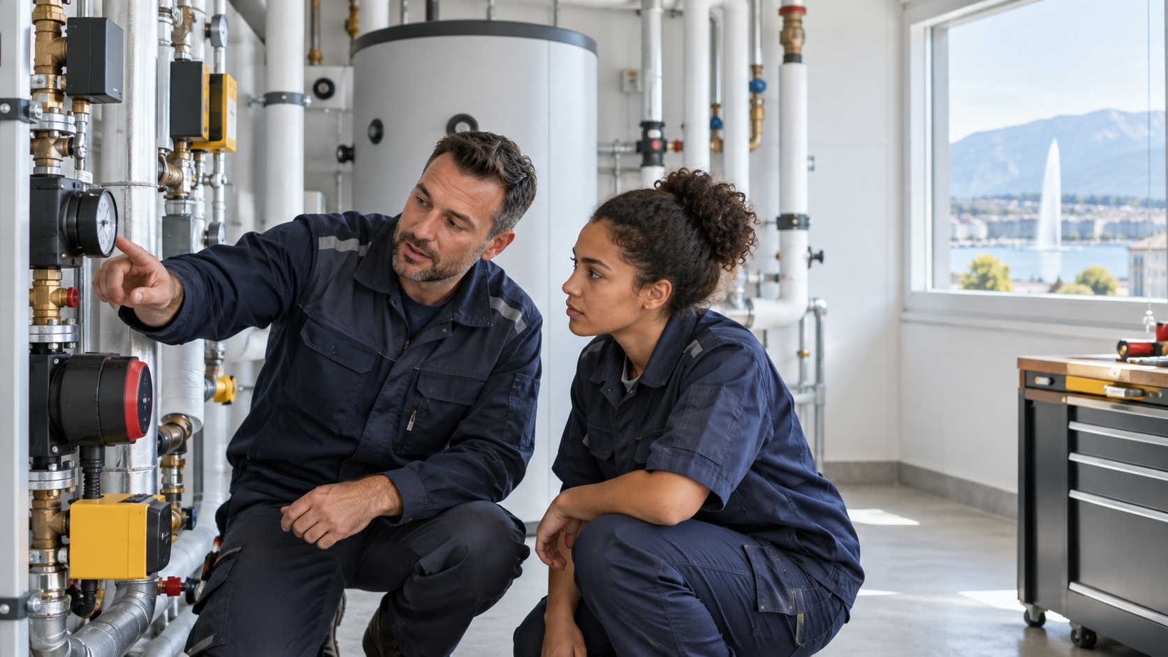 Un formateur explique une installation technique à une apprentie