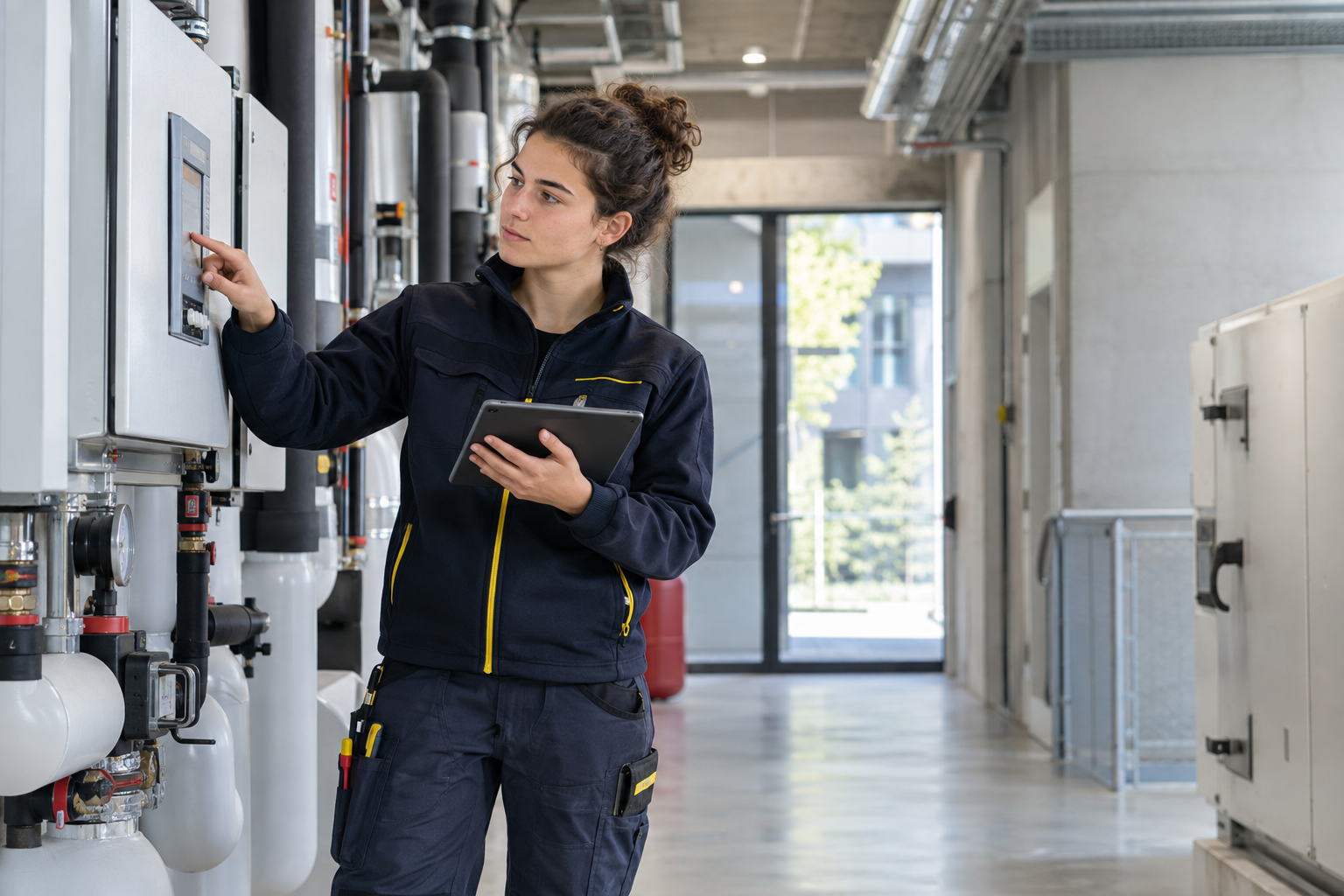 Une apprentie en formation pratique dans un local technique