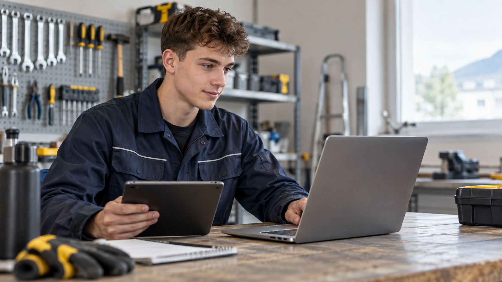 Un apprenti documente son travail sur un ordinateur et une tablette