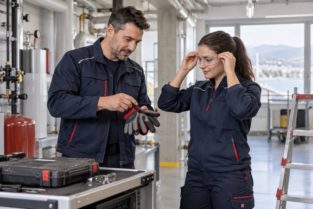 Un formateur présente des gants de protection à une apprentie qui ajuste ses lunettes de sécurité